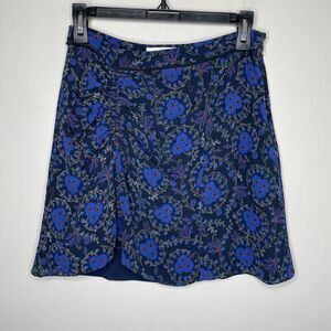 DEREK LAM 10 Crosby Skirt Womens 4 Blue Floral Mini 100% Silk Lined Ruched